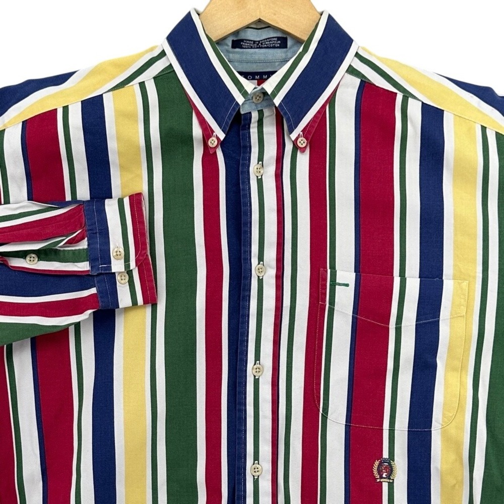 VTG 90s Tommy Hilfiger Multi Color Striped Button Down Shirt SZ M 100% Cotton